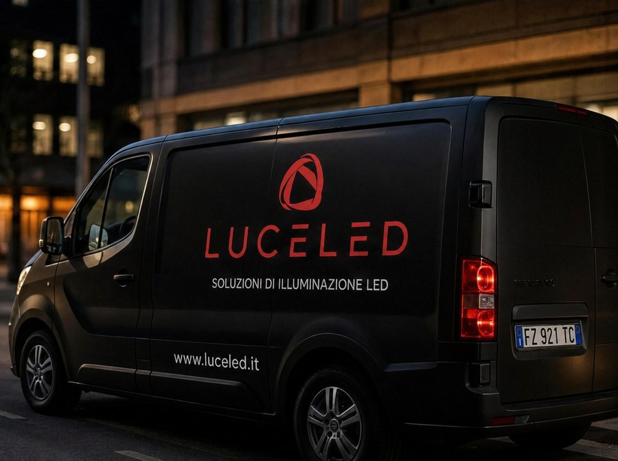 Furgone aziendale LUCELED con logo, di sera in città