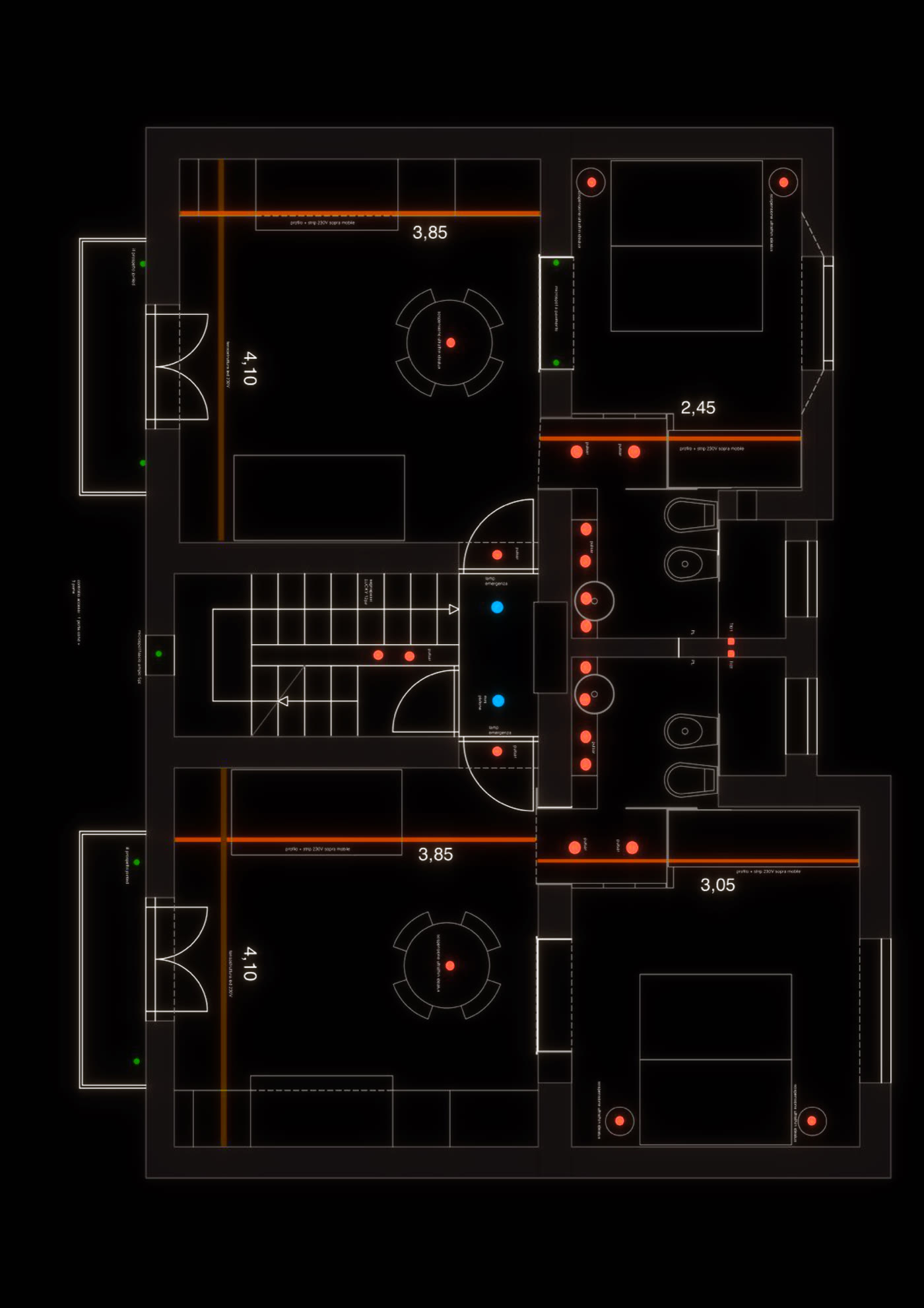 Tavola di progetto illuminotecnico ed elettrico: posizione delle sospensioni, delle strisce LED sopra i mobili, dei pulsanti, delle luci di emergenza e del controllo accessi, con le quote degli ambienti.